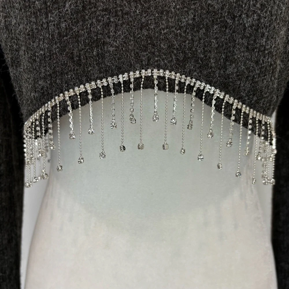 Zara grey cropped rhinestone fringed sweater - Picture 3 of 9